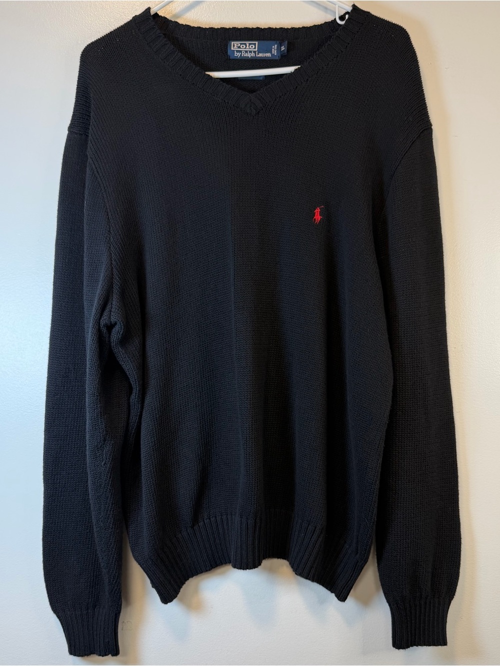 Polo by Ralph Lauren Black V-Neck Sweater with Red Pony chest logo Men’s XL